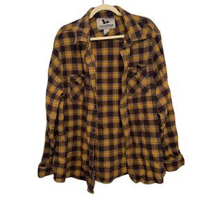 Field & Stream Yellow & Brown Plaid Flannel Button-Up Shirt XXL 100% Cotton Casu